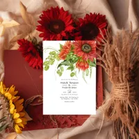 Watercolor Rustic Bohemian Red Sunflowers Wedding Invitation