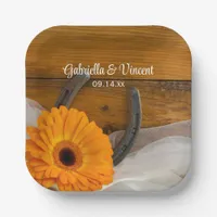 Orange Daisy and Horseshoe Country Western Wedding Paper Plates