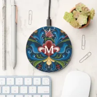 Monogram Scandinavian Folk Art Rosemaling Floral  Wireless Charger