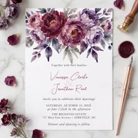 Moody Burgundy Plum Peony Autumn Wedding Invitation