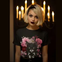 Goth Rock Cat Roses Dark Moody but Cute T-Shirt