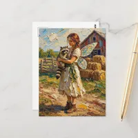 Fairy and her Pet Raccoon on a Farm Postcard