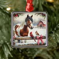 Spotted Pinto Horse and Cardinals Christmas Metal Ornament