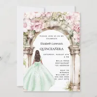 Green pink florals arch dress Quinceanera Invitation