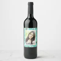 40th birthday photo teal botanical pattern wine label