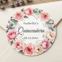 Watercolor Blush Pink Rose Wreath Quinceañera Classic Round Sticker