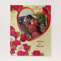 Romantic Couple Vintage Valentine Heart and Roses Jigsaw Puzzle