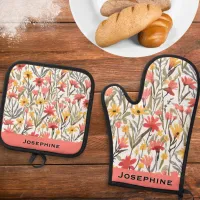 Pretty Watercolor Flowers Red Yellow Floral Chic Oven Mitt & Pot Holder Set