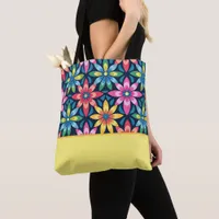 Vintage 60s Vibe Mod Daisies, Color Block Tote Bag