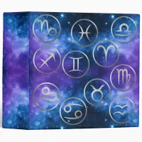 Twelve Grey Zodiac Symbols on blue galaxy | 3 Ring Binder