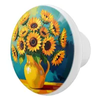 Yellow Sunflowers with Turquoise Background Ceramic Knob