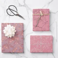 Cute Pastel Pink & Lilac Girly Cherries & Bows Wrapping Paper Sheets