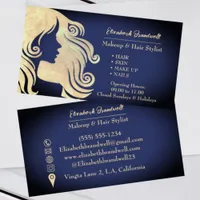 Vintage Trendy Navy Blue Gold Makeup Hairstylist  Business Card