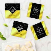 Elegant Black Marble & Gold / Brass Foil Monogram Coaster Set