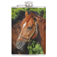 Two Beautiful Chestnut Horses in the Sun Hip Flask