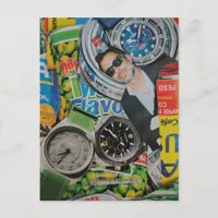 Canned Man and Watches Collage Postcard