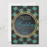 Turquiose Black Gold Sparkle Wedding Invitation