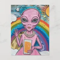 Funny Alien Lady in Pink With Orange Juice Rainbow Postcard