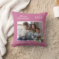 Christmas family photo dark pink cone pine name throw pillow