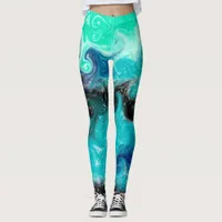 Blue, Teal and Black Fluid Art Marble Leggings