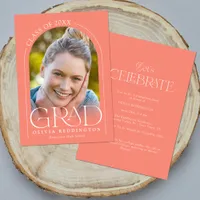 Coral Modern Minimal Arch Photo Grad Party Invitation