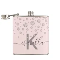 Blush pink diamonds rose gold monogram script flask