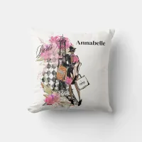 Paris Harlequin Shopping Girl Throw Pillow