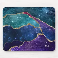 Blue Purple Aqua Gold Veins Agate Monogram Mouse Pad