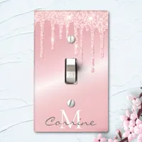 Monogram Dripping Metallic Blush Pink Glitter Drip Light Switch Cover