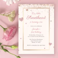 Pink Glitter Valentine Sweetheart 1st Birthday Invitation