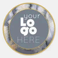 Custom Abstract Watercolor Grey + Gold White Logo Classic Round Sticker