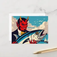 Retro Art Devil With A Tunafish on the Beach Postcard