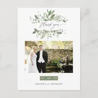 Watercolor Greenery Wedding Photo Thank You Postcard