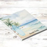 Surfboard beach tropical palm trees notepad