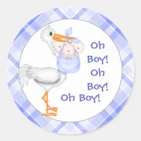 Stork & Triplet Boys Baby Announcement Classic Round Sticker