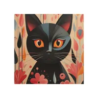 Adorable Black Cat With Pink Flowers Wood Wall Art