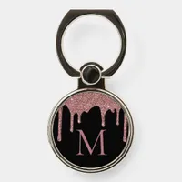 Rose Gold Black Sparkle Glitter Drips Monogram Phone Ring Stand
