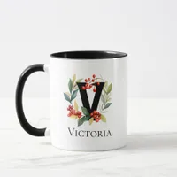 Letter V Monogram Initial Christmas Berry Wreath Mug