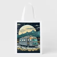 Vintage RV in the Mountains with Full Moon Grocery Bag