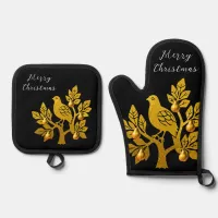 Partridge In A Pear Tree Black Merry Christmas Oven Mitt & Pot Holder Set