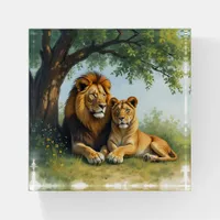 Lion and Lioness Side by Side under Tree Paperweight