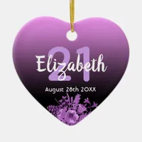 21st birthday purple black floral name ceramic ornament