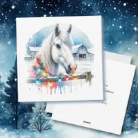 Beautiful White Horse on Farm Christmas Holiday Card