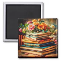 Antique Pile of Vintage Books and Flowers Magnet