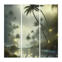 Palm Trees and Ocean Foggy Day Triptych