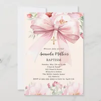 Pink bow cream florals girl Baptism Invitation