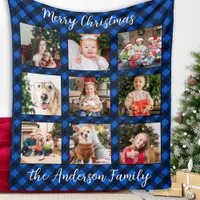Family Christmas Personalized Photo Collage Plaid  Fleece Blanket