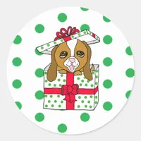 Sweet Puppy Dog in Christmas Gift Box with Bow Classic Round Sticker