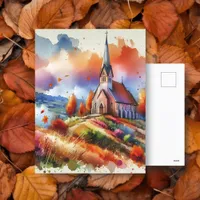 Watercolor Church on a Fall Day | Autumn Blessings Postcard