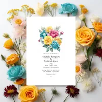 Turquoise, Yellow and Pink Floral Wedding Invitation